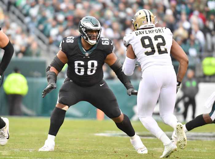 Nov 21, 2021; Philadelphia Eagles offensive tackle Jordan Mailata (68) blocks against New Orleans Saints defensive end Marcus Davenport (92). Mandatory Credit: Eric Hartline-USA TODAY Sports